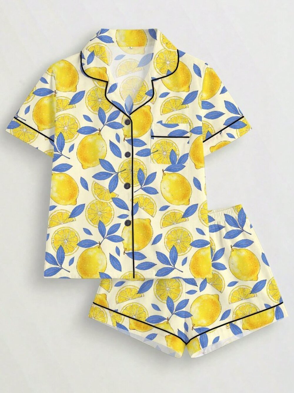 Yellow Cute Women's Lemon Print Pajama Set, Short Sleeve Top & Loose Shorts